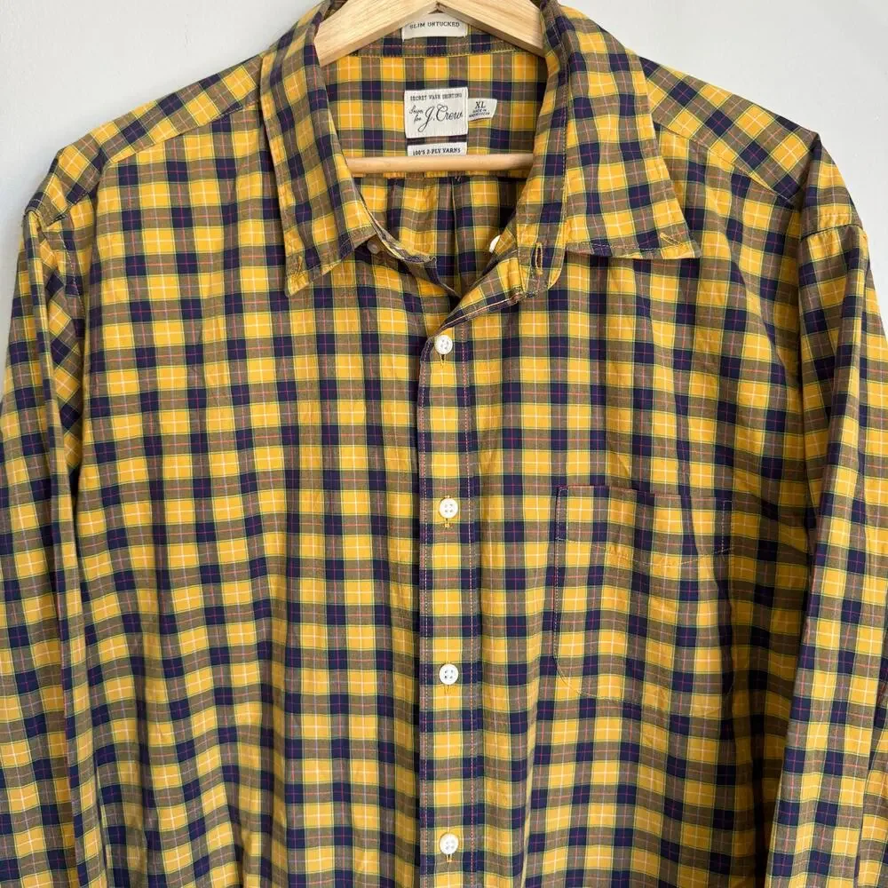 J Crew Men's XL Shirt Button Down Yellow Plaid Slim Untucked Fall Country Farm
